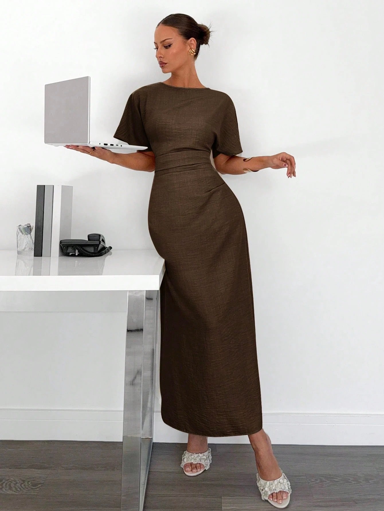 Fashzeo coffee brown linen blend long dress featuring a square neck, high slit, and ruffled fishtail hem for a quiet luxury aesthetic.4