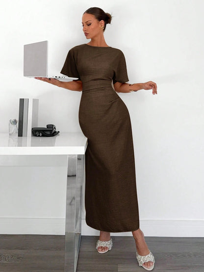 Fashzeo coffee brown linen blend long dress featuring a square neck, high slit, and ruffled fishtail hem for a quiet luxury aesthetic.4