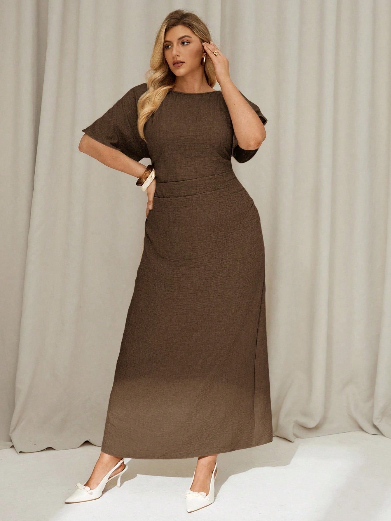 Fashzeo coffee brown linen blend long dress featuring a square neck, high slit, and ruffled fishtail hem for a quiet luxury aesthetic.5