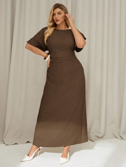 Fashzeo coffee brown linen blend long dress featuring a square neck, high slit, and ruffled fishtail hem for a quiet luxury aesthetic.5