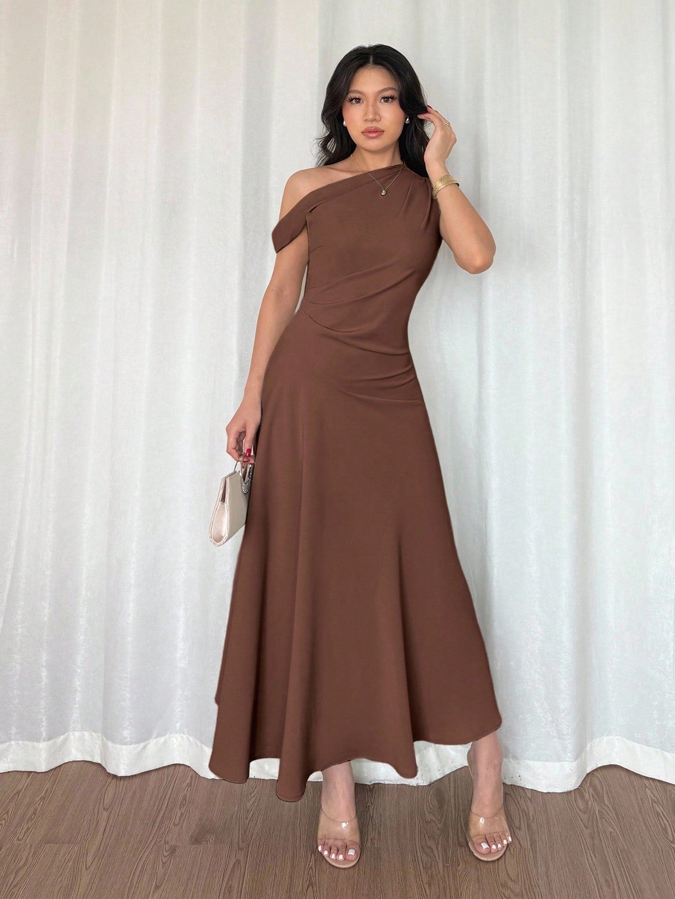 Fashzeo coffee brown one-shoulder fit and flare dress with dramatic ruffle detail for summer vacations and graduation ceremonies