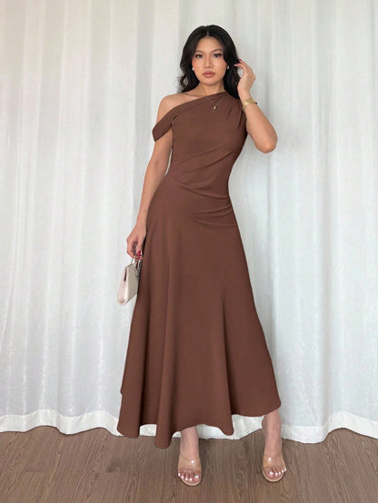 Fashzeo coffee brown one-shoulder fit and flare dress with dramatic ruffle detail for summer vacations and graduation ceremonies