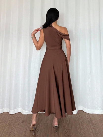 Fashzeo coffee brown one-shoulder fit and flare dress with dramatic ruffle detail for summer vacations and graduation ceremonies1