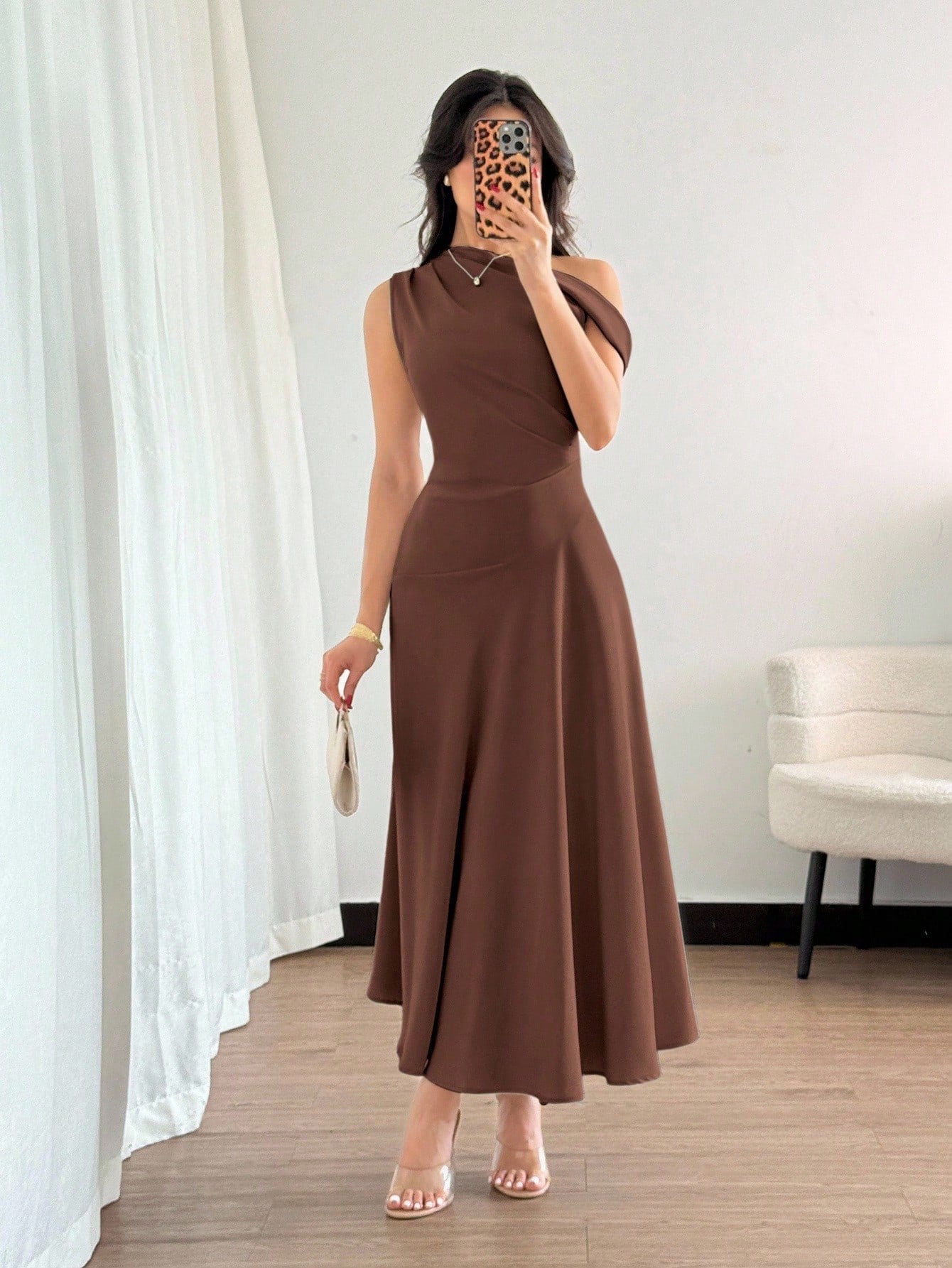 Fashzeo coffee brown one-shoulder fit and flare dress with dramatic ruffle detail for summer vacations and graduation ceremonies2