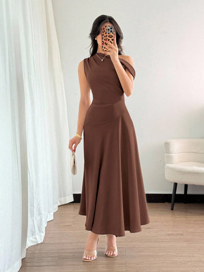 Fashzeo coffee brown one-shoulder fit and flare dress with dramatic ruffle detail for summer vacations and graduation ceremonies2