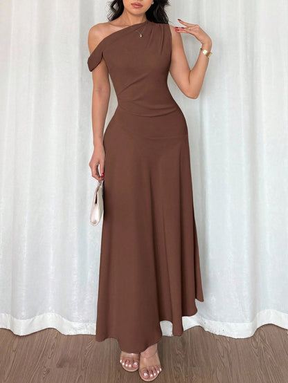 Fashzeo coffee brown one-shoulder fit and flare dress with dramatic ruffle detail for summer vacations and graduation ceremonies3