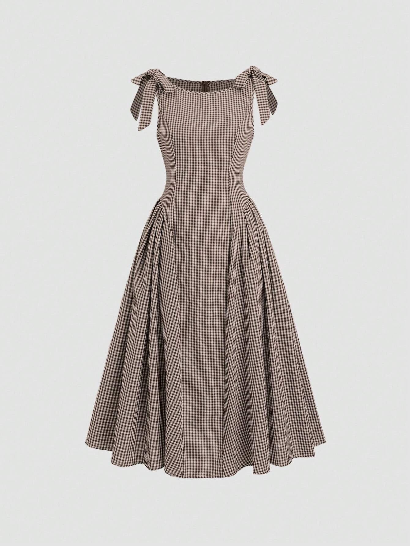 Fashzeo coffee brown plaid tie-shoulder midi dress with bow straps and cinched waist for women's cottagecore picnic fashion 