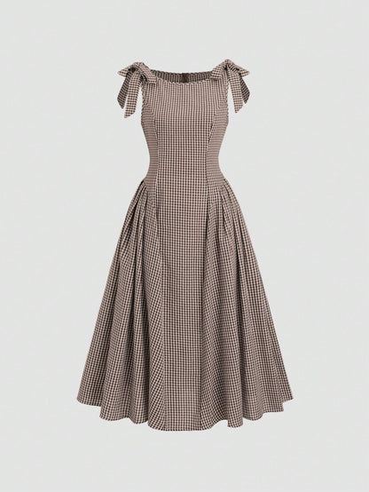 Fashzeo coffee brown plaid tie-shoulder midi dress with bow straps and cinched waist for women's cottagecore picnic fashion 