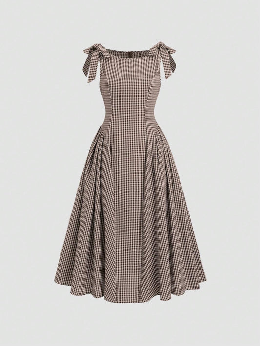 Fashzeo coffee brown plaid tie-shoulder midi dress with bow straps and cinched waist for women's cottagecore picnic fashion 