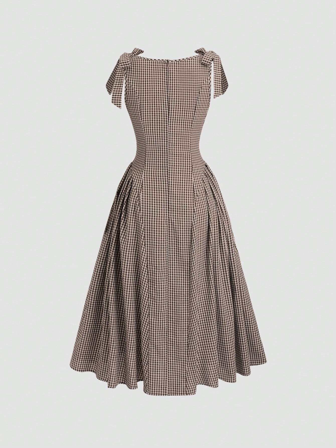 Fashzeo coffee brown plaid tie-shoulder midi dress with bow straps and cinched waist for women's cottagecore picnic fashion1