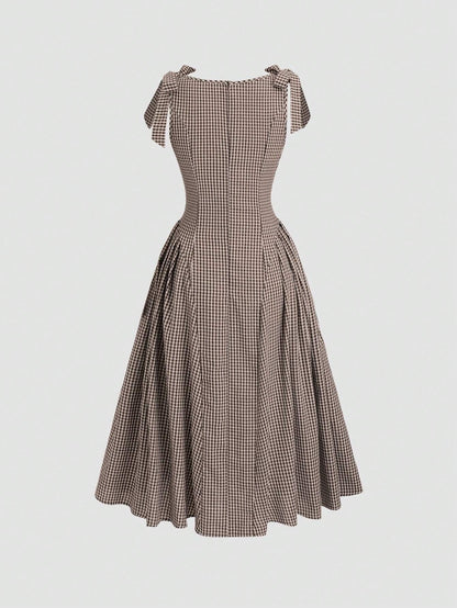 Fashzeo coffee brown plaid tie-shoulder midi dress with bow straps and cinched waist for women's cottagecore picnic fashion1