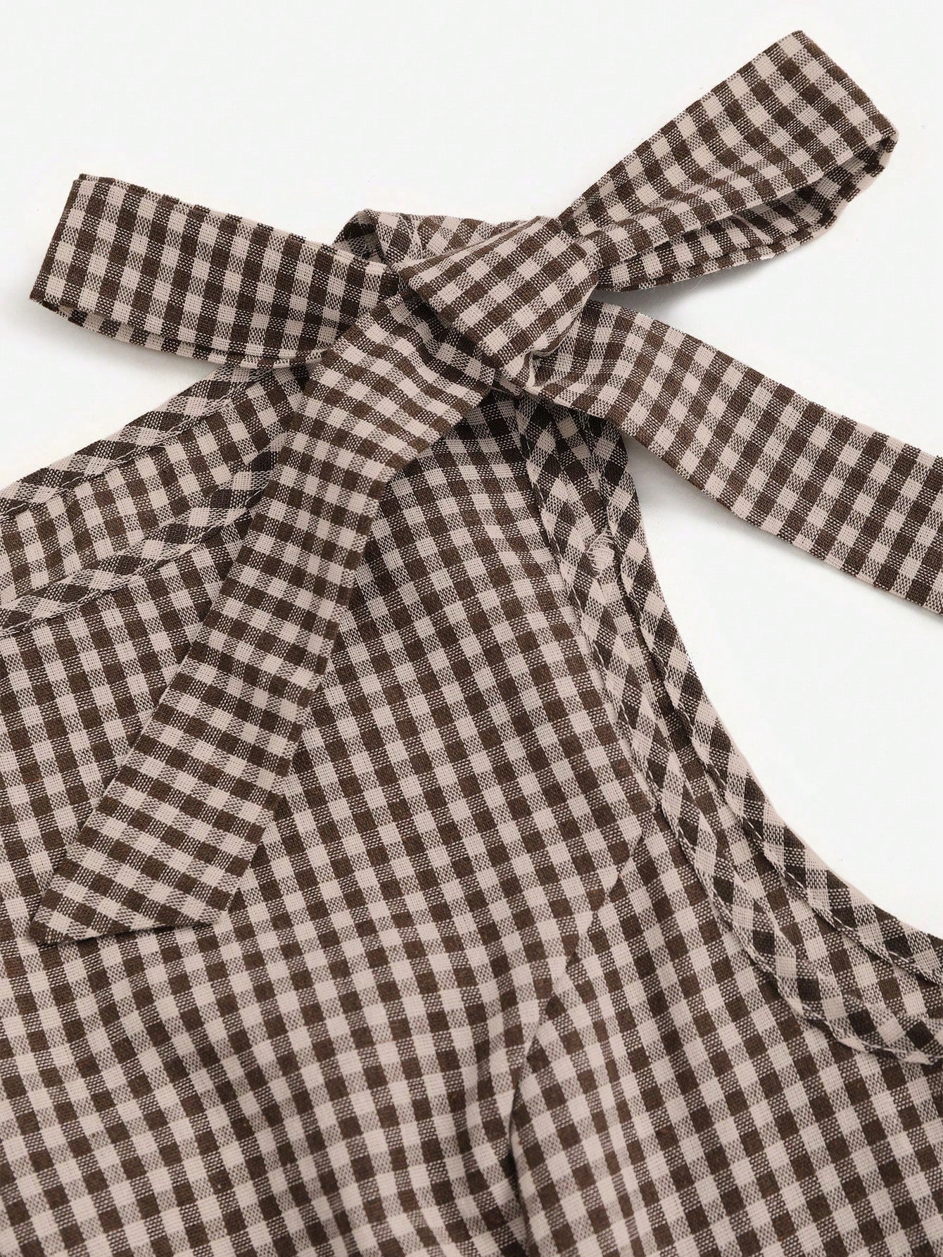 Fashzeo coffee brown plaid tie-shoulder midi dress with bow straps and cinched waist for women's cottagecore picnic fashion2