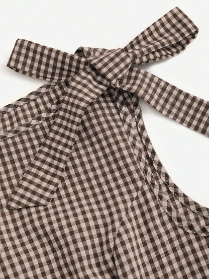 Fashzeo coffee brown plaid tie-shoulder midi dress with bow straps and cinched waist for women's cottagecore picnic fashion2