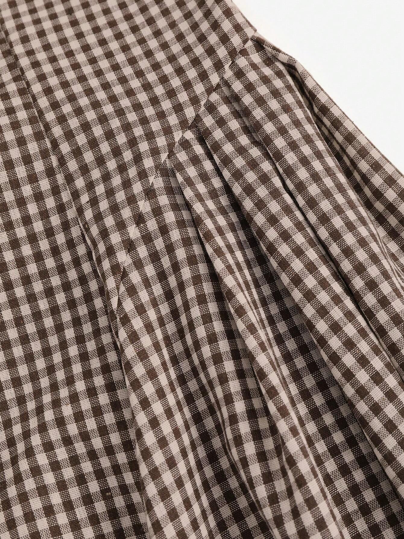 Fashzeo coffee brown plaid tie-shoulder midi dress with bow straps and cinched waist for women's cottagecore picnic fashion3