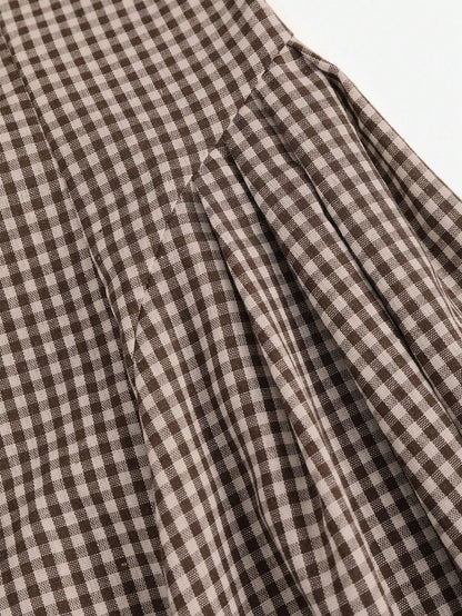 Fashzeo coffee brown plaid tie-shoulder midi dress with bow straps and cinched waist for women's cottagecore picnic fashion3