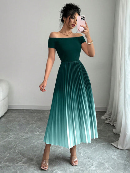 Fashzeo dark green gradient off-shoulder maxi dress with a draped waist-cinched silhouette for an elegant evening party look