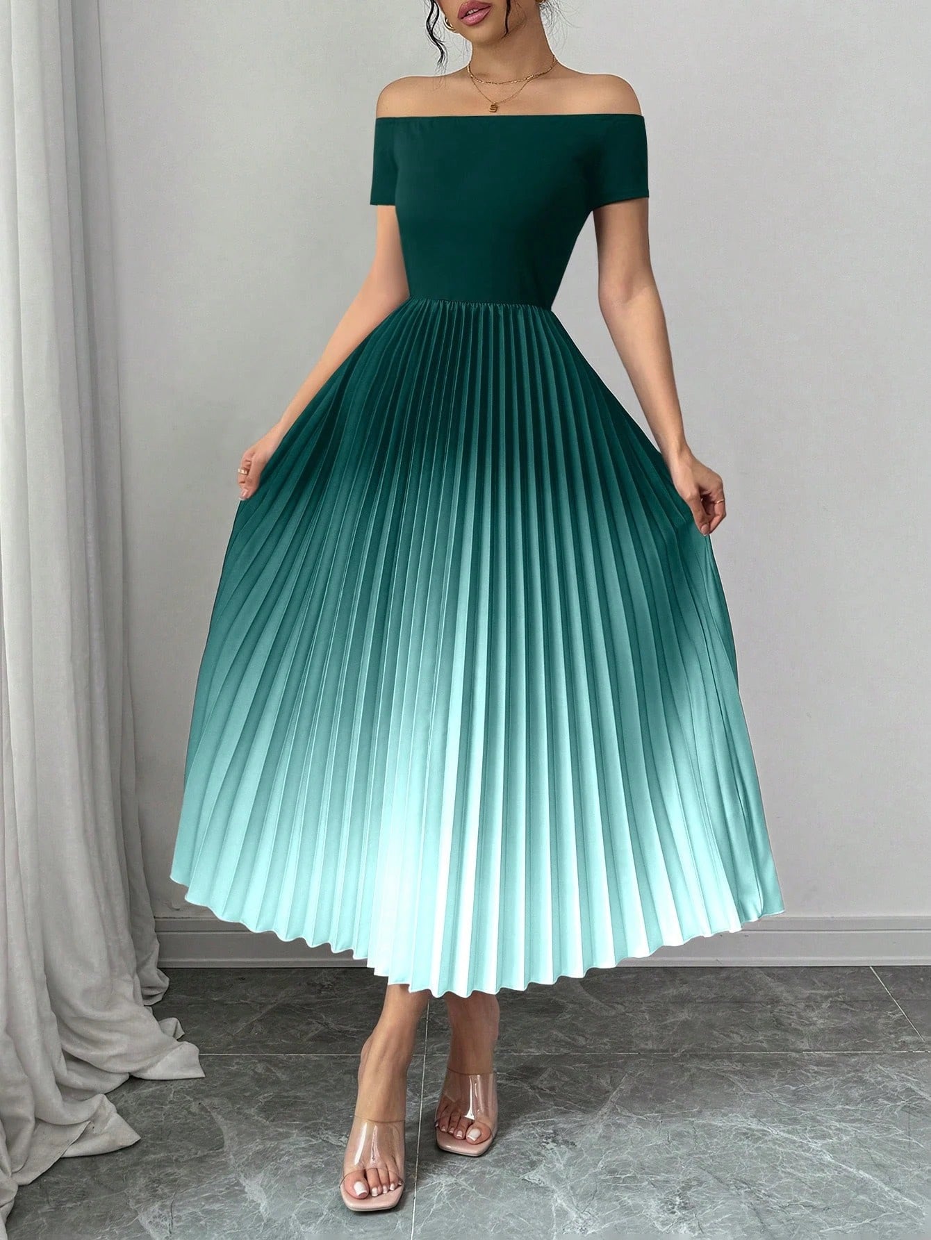 Fashzeo dark green gradient off-shoulder maxi dress with a draped waist-cinched silhouette for an elegant evening party look
