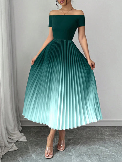 Fashzeo dark green gradient off-shoulder maxi dress with a draped waist-cinched silhouette for an elegant evening party look