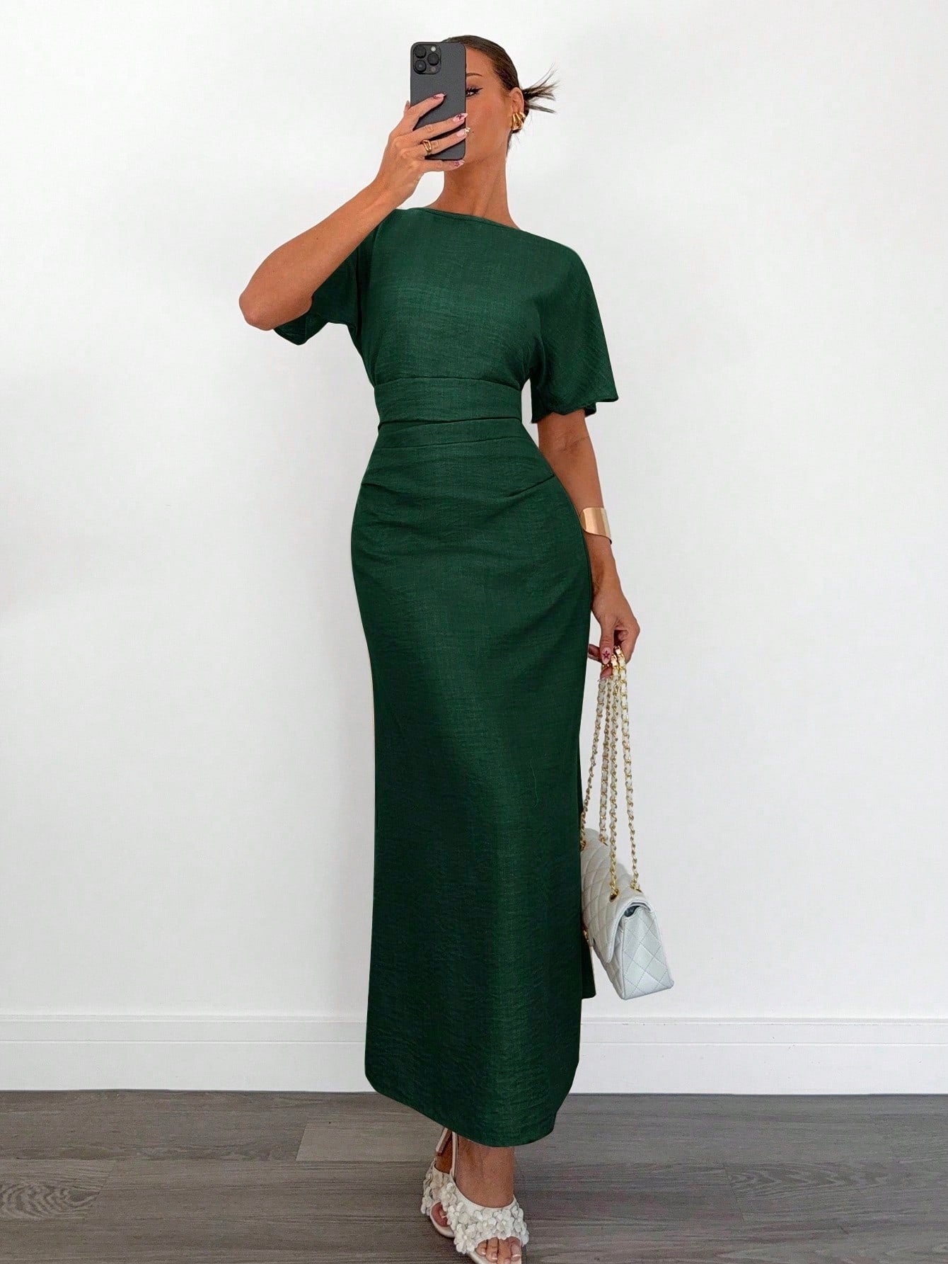 Fashzeo dark green linen blend long dress featuring a square neck, high slit, and ruffled fishtail hem for a quiet luxury aesthetic.