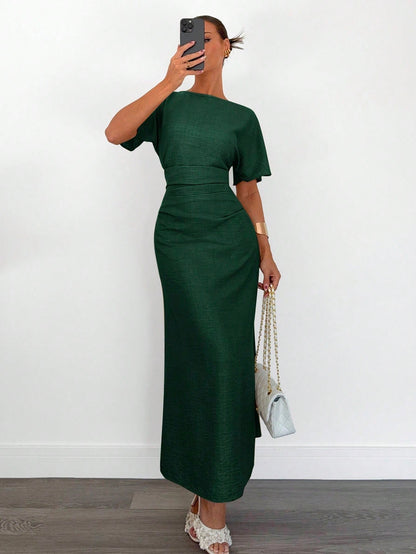 Fashzeo dark green linen blend long dress featuring a square neck, high slit, and ruffled fishtail hem for a quiet luxury aesthetic.