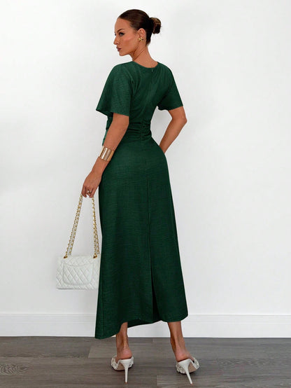 Fashzeo dark green linen blend long dress featuring a square neck, high slit, and ruffled fishtail hem for a quiet luxury aesthetic.1