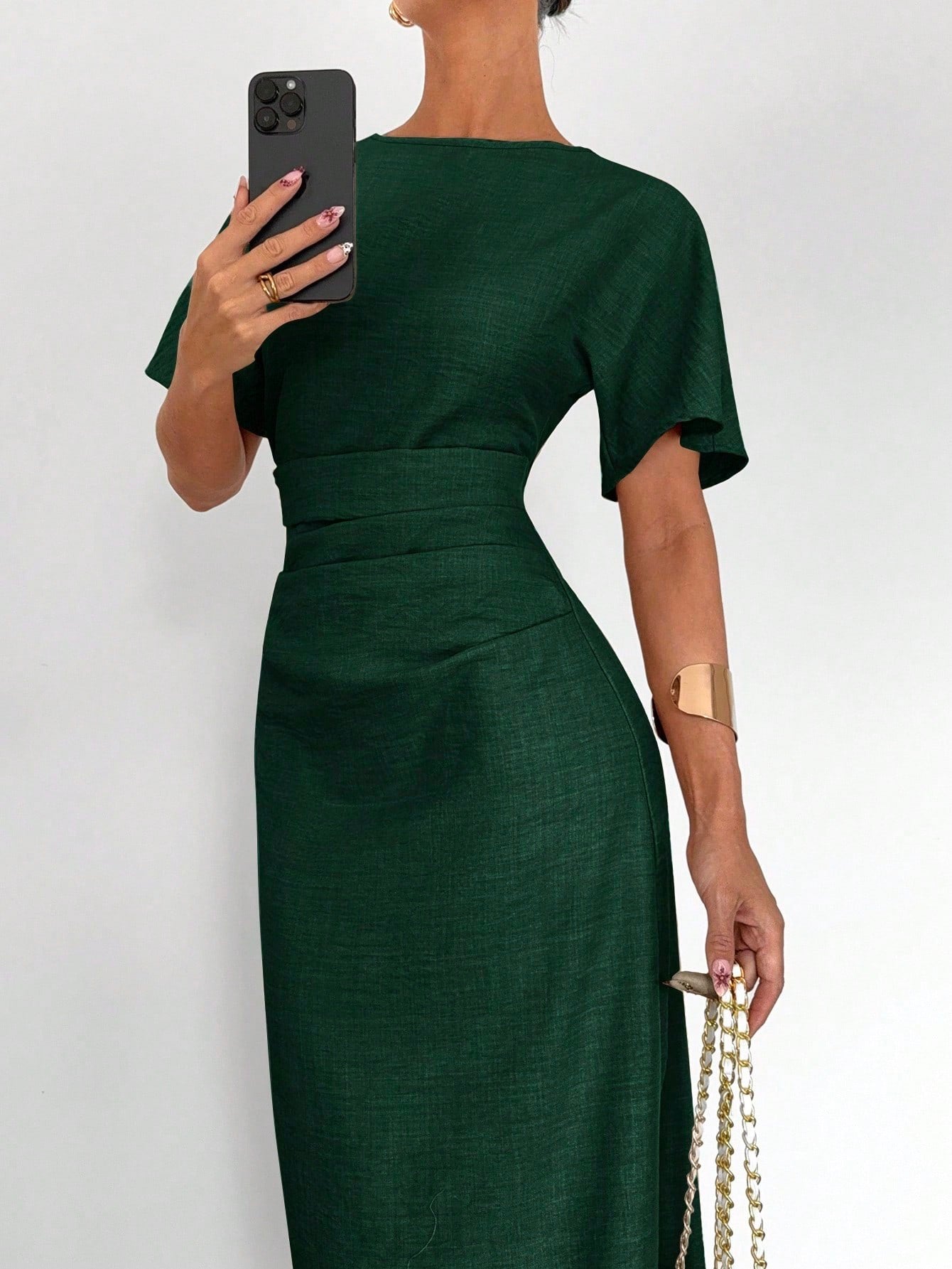 Fashzeo dark green linen blend long dress featuring a square neck, high slit, and ruffled fishtail hem for a quiet luxury aesthetic.2