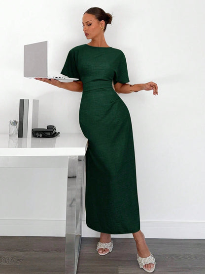 Fashzeo dark green linen blend long dress featuring a square neck, high slit, and ruffled fishtail hem for a quiet luxury aesthetic.4