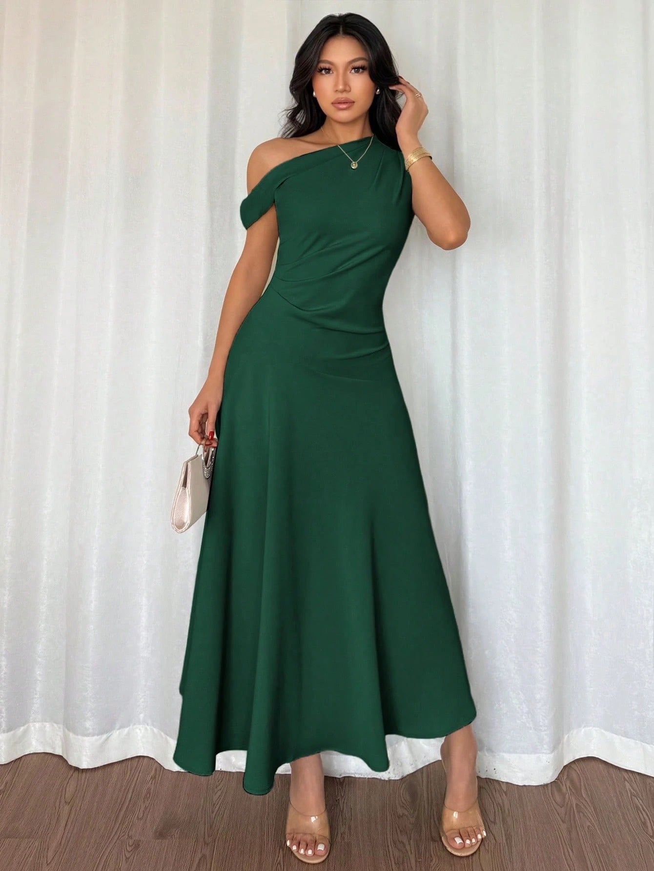 Fashzeo dark green one-shoulder fit and flare dress with dramatic ruffle detail for summer vacations and graduation ceremonies