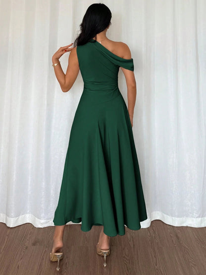 Fashzeo dark green one-shoulder fit and flare dress with dramatic ruffle detail for summer vacations and graduation ceremonies1
