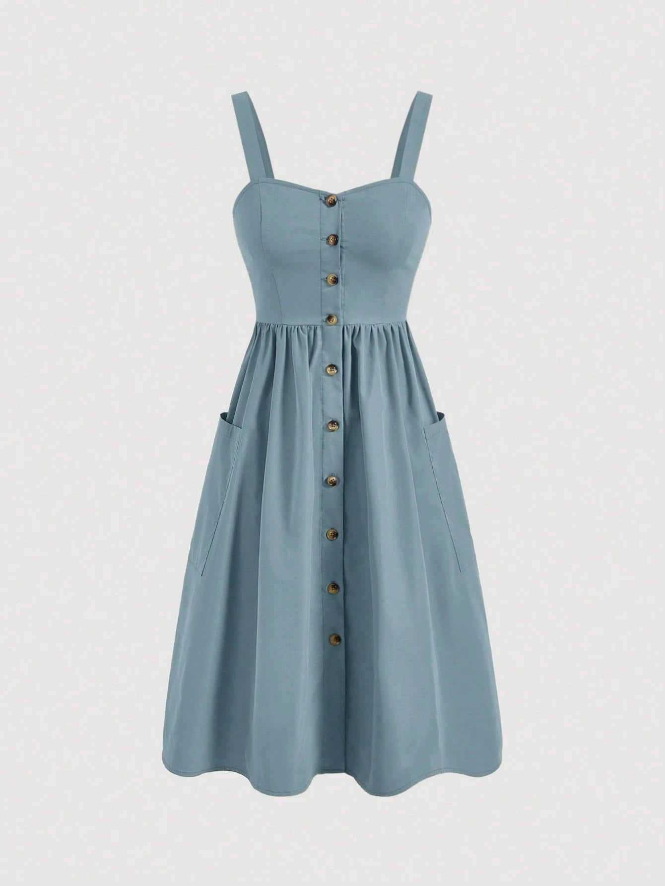 Fashzeo dusty blue sleeveless button-front midi sundress with wide straps and functional side pockets for women summer fashion