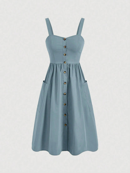 Fashzeo dusty blue sleeveless button-front midi sundress with wide straps and functional side pockets for women summer fashion