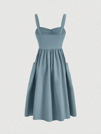 Fashzeo dusty blue sleeveless button-front midi sundress with wide straps and functional side pockets for women summer fashion1