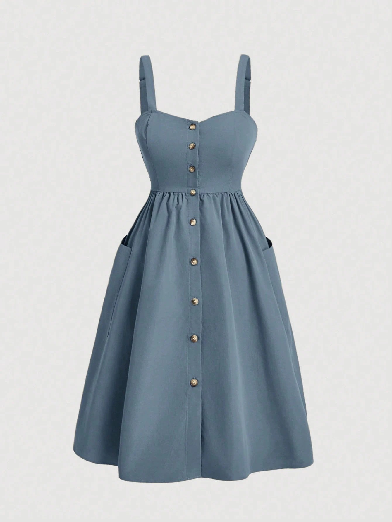 Fashzeo dusty blue sleeveless button-front midi sundress with wide straps and functional side pockets for women summer fashion4