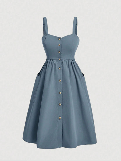 Fashzeo dusty blue sleeveless button-front midi sundress with wide straps and functional side pockets for women summer fashion4