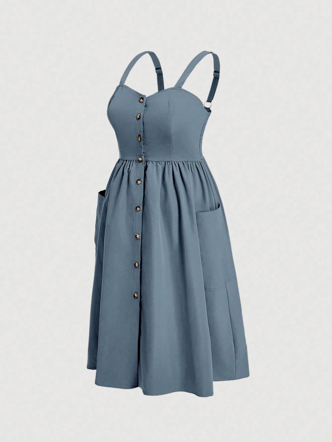 Fashzeo dusty blue sleeveless button-front midi sundress with wide straps and functional side pockets for women summer fashion5