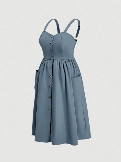 Fashzeo dusty blue sleeveless button-front midi sundress with wide straps and functional side pockets for women summer fashion5
