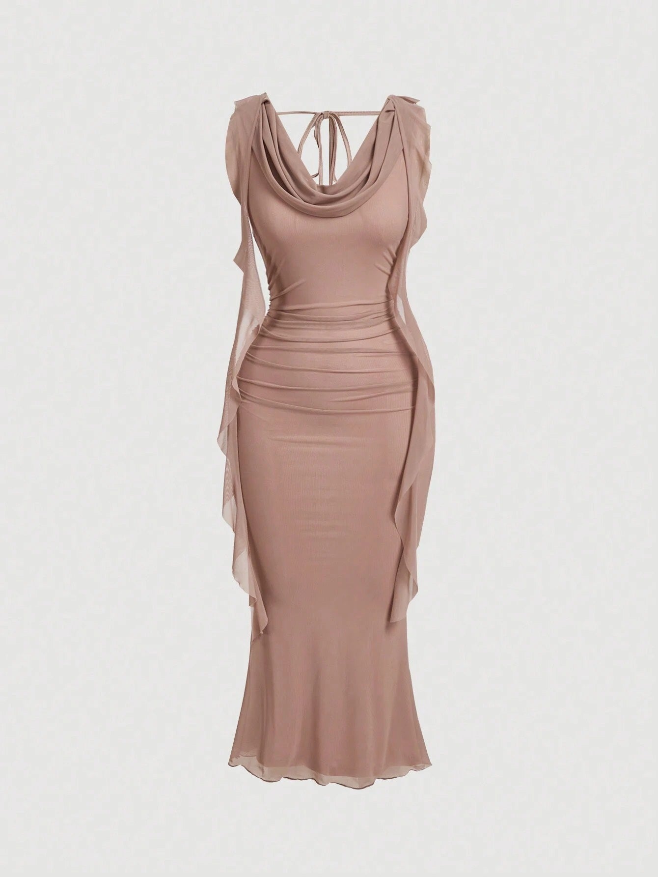 Fashzeo dusty pink cowl neck ruched midi dress with mesh panels and tie-back cami straps for a snatched silhouette.
