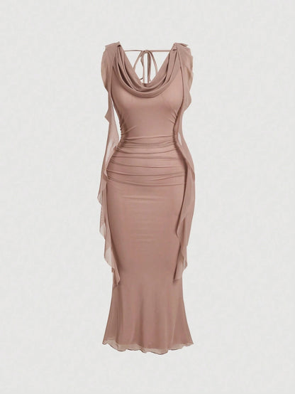 Fashzeo dusty pink cowl neck ruched midi dress with mesh panels and tie-back cami straps for a snatched silhouette.