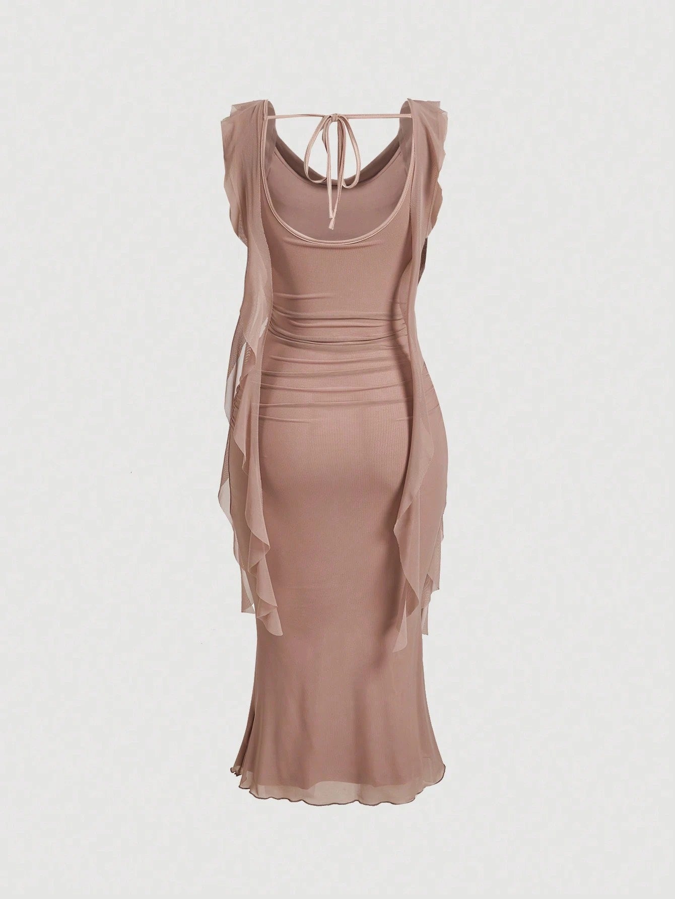 Fashzeo dusty pink cowl neck ruched midi dress with mesh panels and tie-back cami straps for a snatched silhouette.1