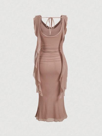 Fashzeo dusty pink cowl neck ruched midi dress with mesh panels and tie-back cami straps for a snatched silhouette.1