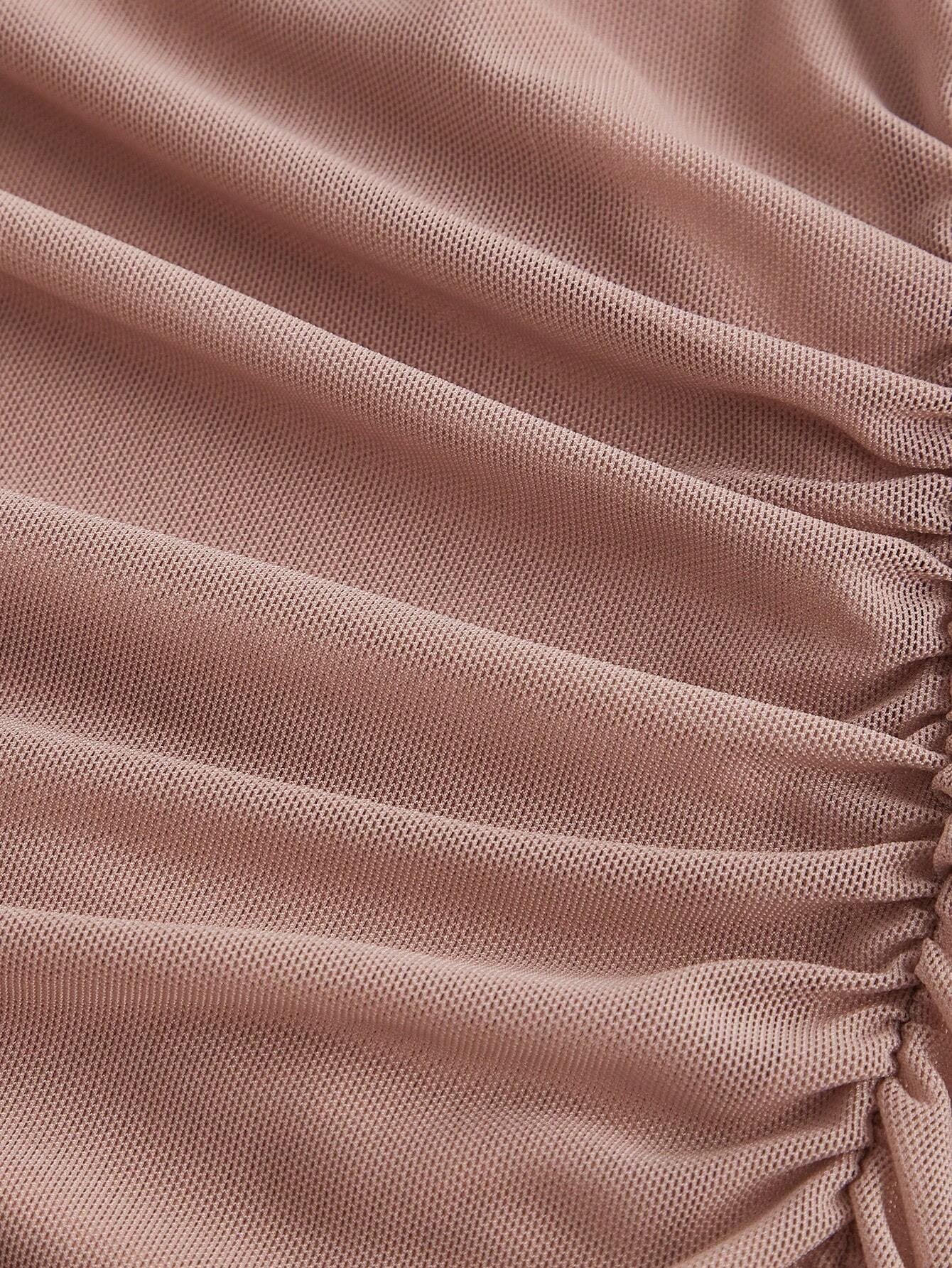 Fashzeo dusty pink cowl neck ruched midi dress with mesh panels and tie-back cami straps for a snatched silhouette.2