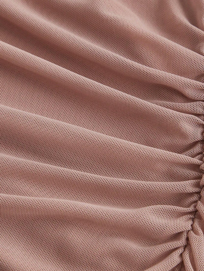 Fashzeo dusty pink cowl neck ruched midi dress with mesh panels and tie-back cami straps for a snatched silhouette.2