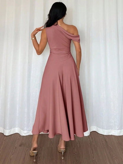 Fashzeo dusty pink one-shoulder fit and flare dress with dramatic ruffle detail for summer vacations and graduation ceremonies1