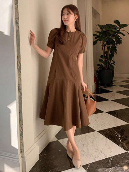 Fashzeo elegant coffee brown puff sleeve midi dress with a mermaid flared hem for a minimalist old money look