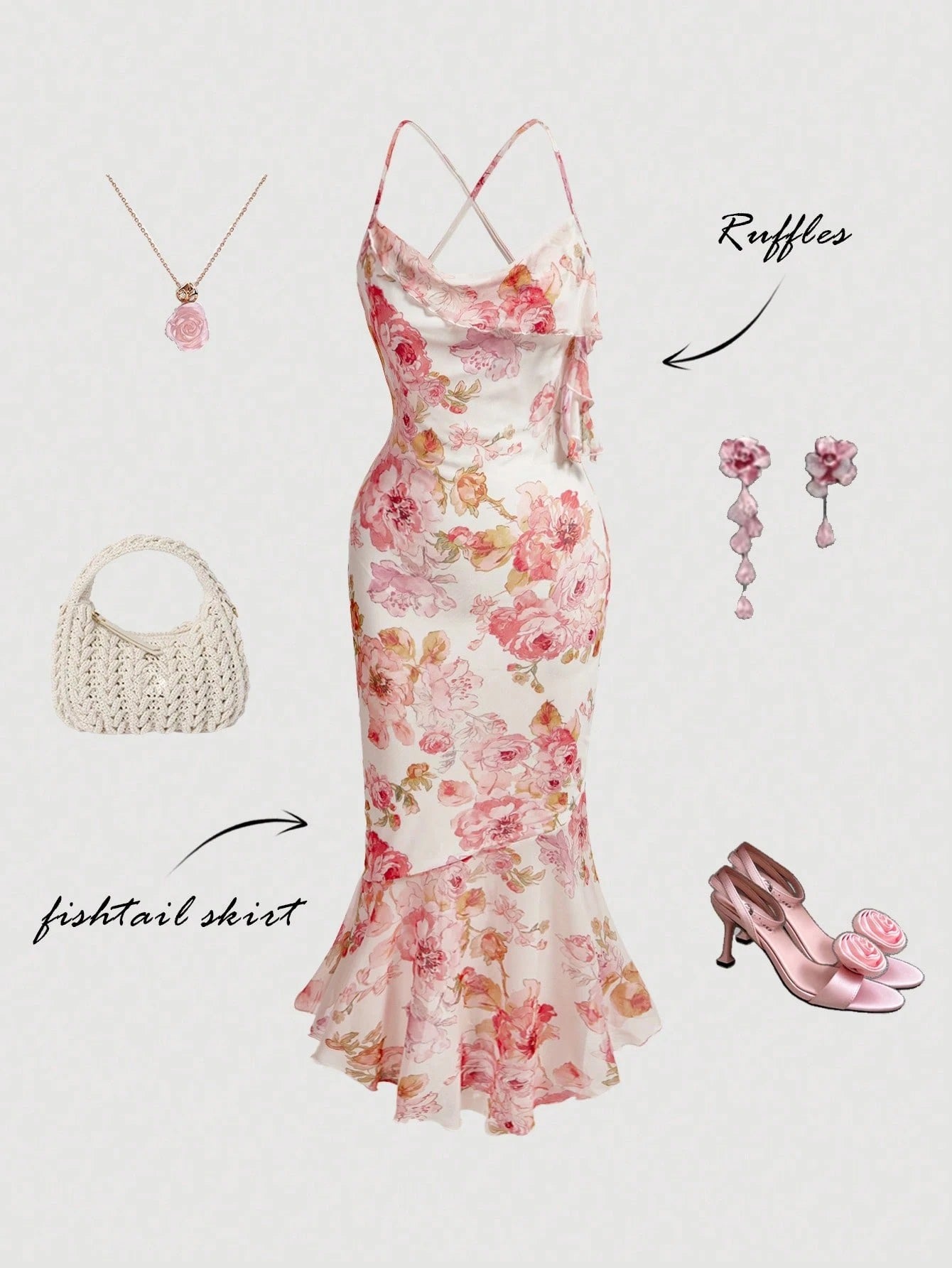 Fashzeo elegant floral print long dress with a cowl neck, ruffled fishtail hem, and backless criss-cross straps