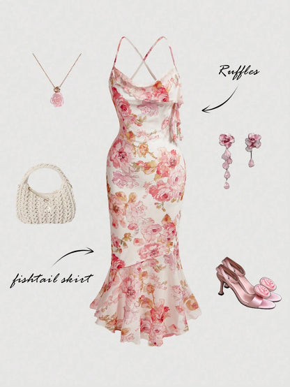 Fashzeo elegant floral print long dress with a cowl neck, ruffled fishtail hem, and backless criss-cross straps