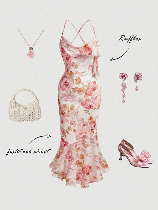 Fashzeo elegant floral print long dress with a cowl neck, ruffled fishtail hem, and backless criss-cross straps