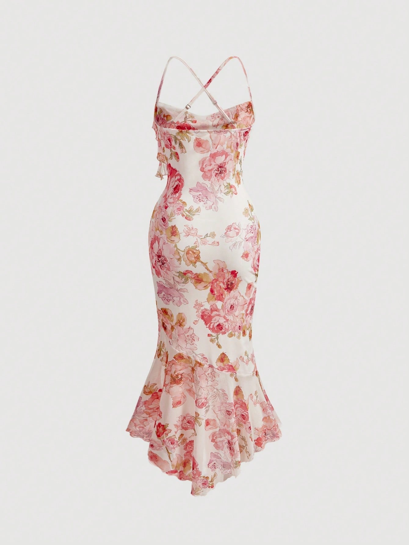 Fashzeo elegant floral print long dress with a cowl neck, ruffled fishtail hem, and backless criss-cross straps