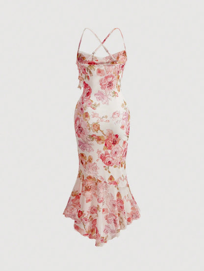 Fashzeo elegant floral print long dress with a cowl neck, ruffled fishtail hem, and backless criss-cross straps