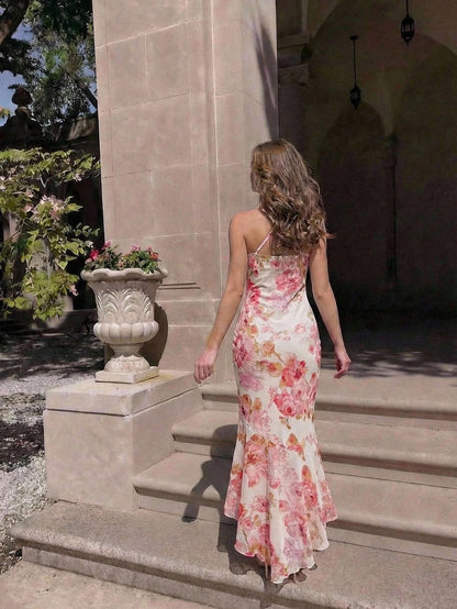 Fashzeo elegant floral print long dress with a cowl neck, ruffled fishtail hem, and backless criss-cross straps